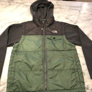 Boys North Face green & black hooded coat.